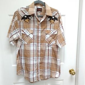 Adorable vintage unisex Tan Plaid Shirt Sleeve Plains Men's Western Shirt sz l
